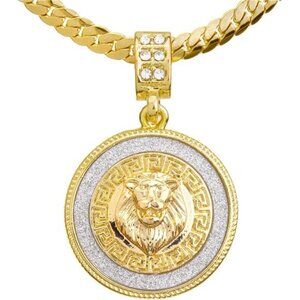 Fashion Iced CZ Lion Head Medallion Pendant 20" Miami Cuban Chain Necklace